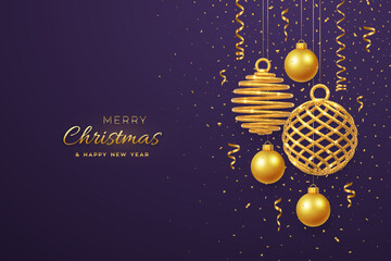 Fototapeta na wymiar Christmas banner with shining hanging gold balls and with confetti on purple background. Greeting card with copyspace. New Year poster, cover template. Holiday decoration. Vector illustration.