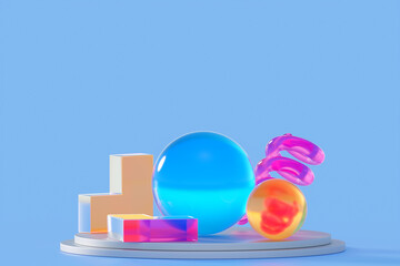 Abstract volumetric figures on a pedestal, Product stand art concept, 3D rendering.