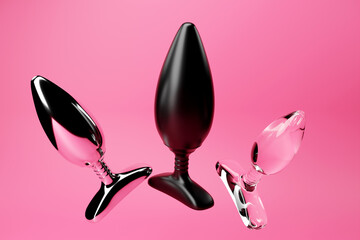 Black  butt anal plugs sex toys on  pink  isolated background. 3D illustration. Empty space for your text