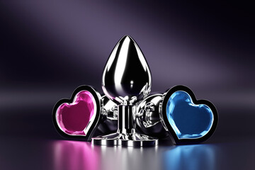 3D illustration, a collection of different types colorful  of sex toys, including dildo and   butt anal plugs on  black background. - obrazy, fototapety, plakaty
