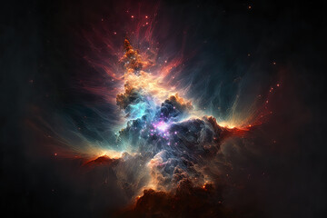 Obraz na płótnie Canvas fractal nebula dust in various colors on a dark backdrop. Generative AI
