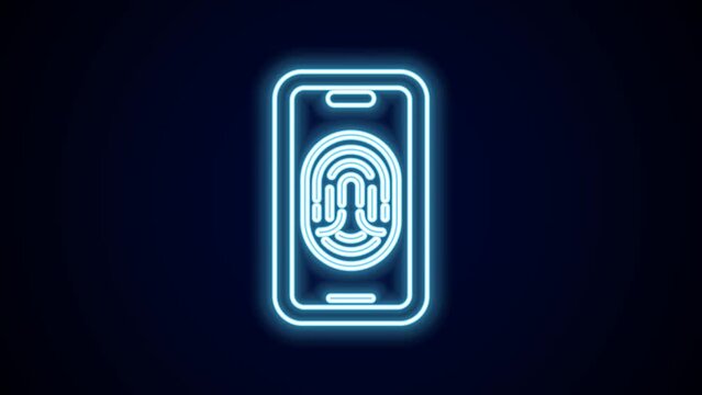 Glowing neon line Smartphone with fingerprint scanner icon isolated on black background. Concept of security, personal access via finger on mobile. 4K Video motion graphic animation