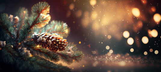 Christmas Fir Tree Branches With Pinecone In Warm Night With Glittering Snow And Defocused Lights In Abstract Background