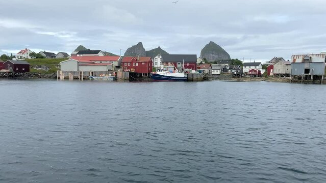 Panning shot of Island Trana in Helgeland on a cloudy day