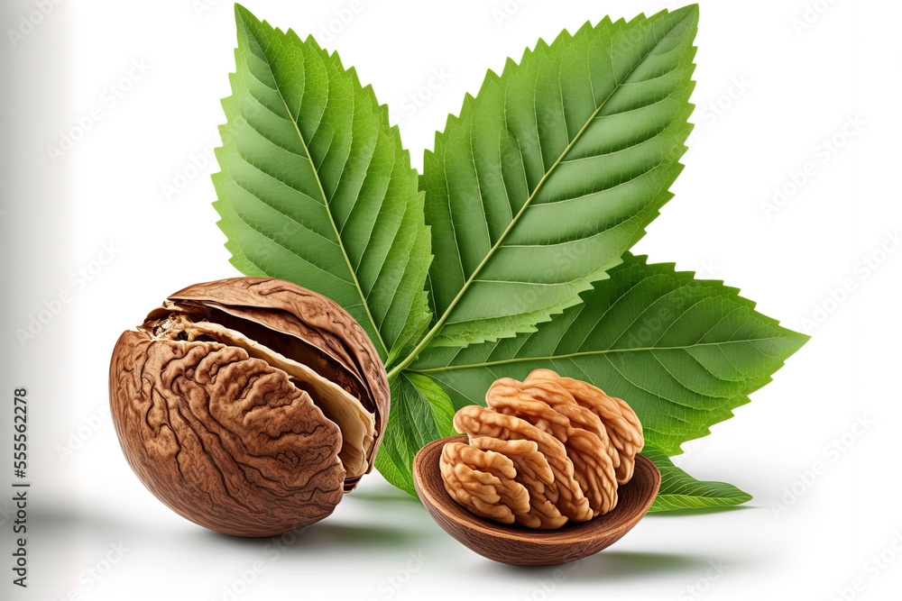 Poster isolated walnut with leaves. walnuts with leaves on white, peeled and unpeeled. walnut nut from the 