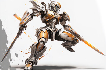 sci fi mech warrior leaping and using a katana blade to strike. Outstretched hand holds a sword. futuristic robot made of metal that is white and gray. mech conflict orange color. on a backdrop of whi