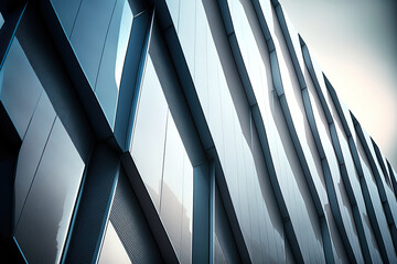 the outer wall of a modern business structure with glass windows and aluminum metal composite panels. Engineered steel frame panels with diagonal cladding cover the futuristic structure. Generative AI