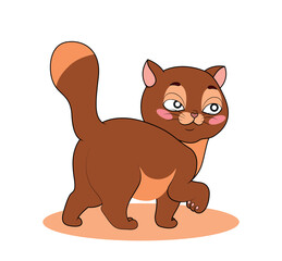 Cute cat walking. Playful character, toy or mascot for children. Creativity and art. Sticker for social networks and messengers. Movement and action. Love for pets. Cartoon flat vector illustration