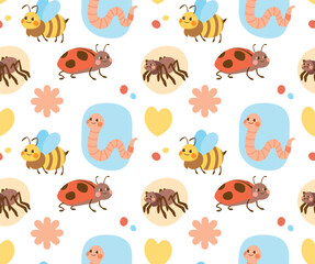 Insects seamless pattern. Repeating design element for printing on fabric. Nature and wild life, fauna and biology. Ladybug, worm and bee with flowers and hearts. Cartoon flat vector illustration