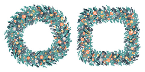New Year's sketch of the Christmas wreath with falling snow. Traditional winter garland with red balls on evergreen branches, isolated on white background. Set of frames for Happy xmas greeting card