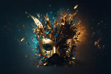 Poster Blue and yellow carnival mask with glitter on a background of gold foil, confetti and streamers © Bnetto