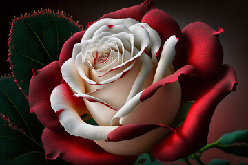 Beautiful red and white rose in realistic painting art style, close up view	