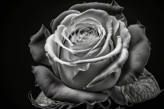 Beautiful black and white rose in realistic painting art style, close up view