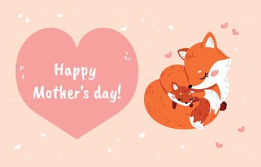 Mothers day concept. Parenthood and childhood, mother hugs child. Holiday and festival, tenderness and care, good relations in family. Foxes and forest dwellers. Cartoon flat vector illustration