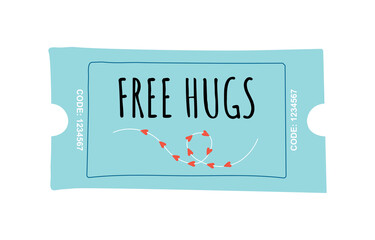 Free hugs coupon. Graphic element for website. template, layout and mockup. Gift or surprise for girlfriend or boyfriend, romantic surprise. Care and love, voucher. Cartoon flat vector illustration
