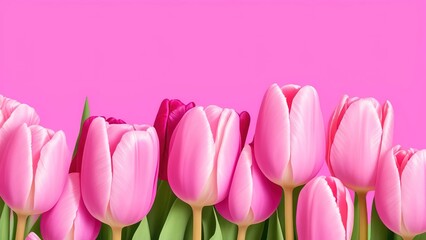 Pink tulips border on pink background, beautiful natural spring scene.