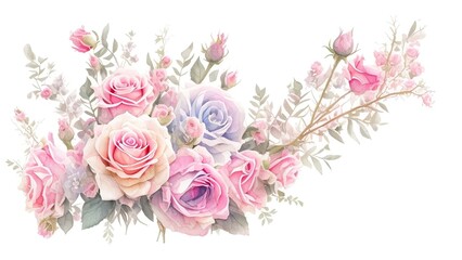 Pink roses watercolor illustration, Blush and Mint floral bouquet set isolated on white background.