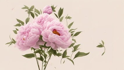 Set vintage watercolor elements of pink peonies, Pink and white peony background.