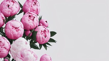 Fresh bunch of pink peonies and roses on white background.