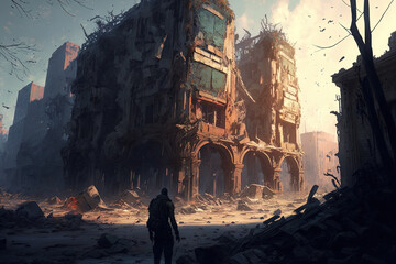 Fototapeta na wymiar A battle zone's destroyed city. Generative AI