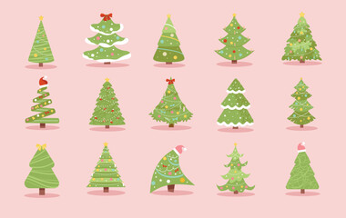 Christmas trees set. Collection of graphic elements for website. Winter holidays, culture and traditions. Christmas and New Year. Cartoon flat vector illustrations isolated on pink background
