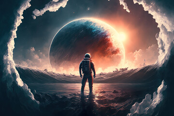 Illustration artwork of an astronaut standing in an unfamiliar sea while seeing a planet in the sky. Generative AI