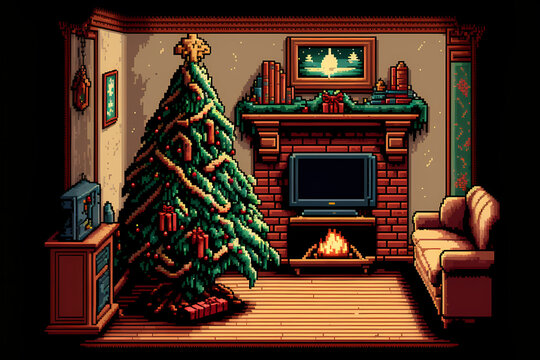 Christmas decorations in a house, pixel art 