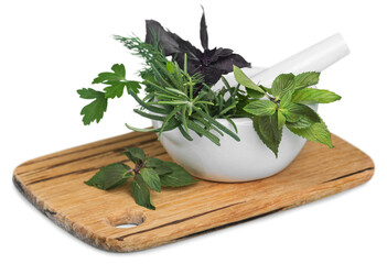 Fresh herbs in plate - alternative medicine