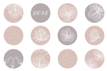 Round icons with delicate hand-drawn flowers, abstract lines, for highlighting stories, social networks, for bloggers, photographers, for highlighting covers. Aesthetic background, modern fashion blog