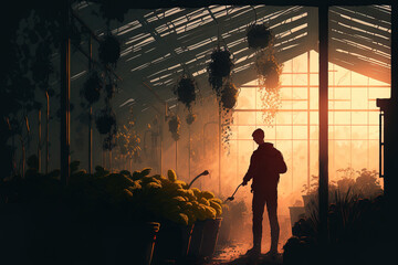 Fototapeta na wymiar worker in shadow watering plants in a greenhouse in the early morning. worker tends to the gardener's plant. growing of flowers in a greenhouse. Creating blooms. crops of plants in a greenhouse