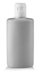Plastic bottle with soap or shampoo without label reflected on white background