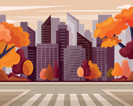 Autumn Landscape Crosswalks. Pedestrian Crossing, Traffic Regulation. City Streets, Trees And Skyscraper. Poster Or Banner For Website. Fall Season Metaphor. Cartoon Flat Vector Illustration