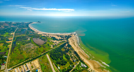 Aerial view of sea Mui Ne, Vietnam see the whole bay of Ke Ga from north to south bank shore very large with sea waves, ships, reefs is tourism potential Status of Vietnam.