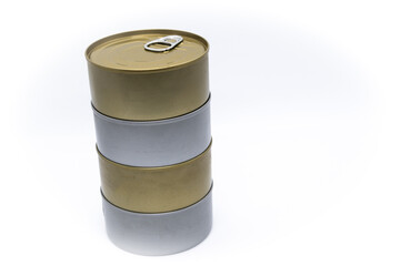 Stacked copper and silver food cans