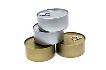 4 stacked food cans, gray and copper cans