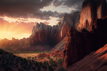 Sunset view of granite cliffs at Zions National Park is breathtaking. Generative AI