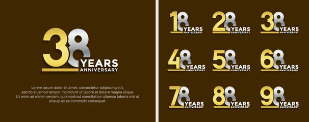 set of anniversary logo style golden and silver color on brown background for celebration