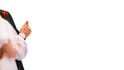 Isolated Bride and groom are dancing slow dance. copy space