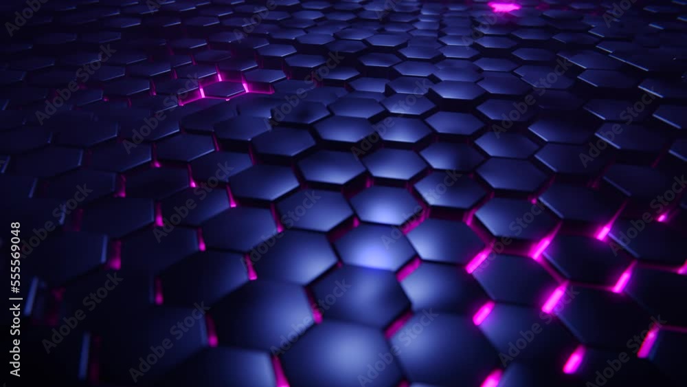 Poster futuristic hexagon background. 3d render. abstract blue pink hexagonal pattern. random motion. seaml