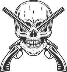 Vintage monochrome bandit gangster skull with crossed hunting sawn-off shotgun isolated illustration - obrazy, fototapety, plakaty