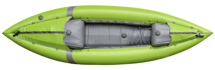 green inflatable whitewater one person kayak, overhead view on a transparent background