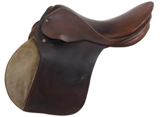 well used, English style, horse saddle, brown leather with gold trim, transparent background