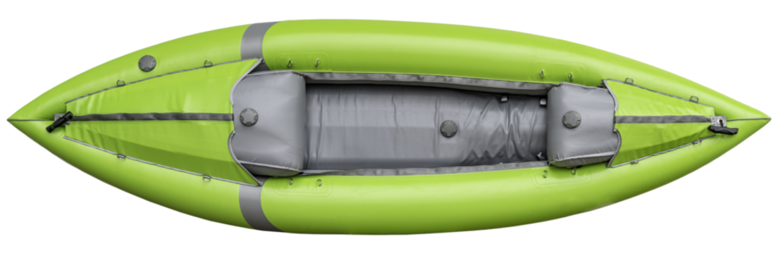 green inflatable whitewater one person kayak, overhead view on a transparent background - Powered by Adobe