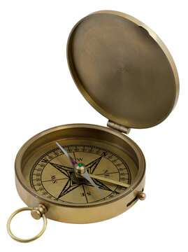 vintage brass pocket compass, transparent background