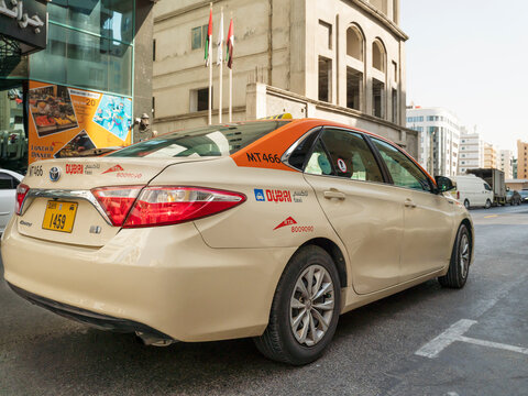 Dubai Taxi On The City Street. November 20, 2021 UAE, Dubai. 