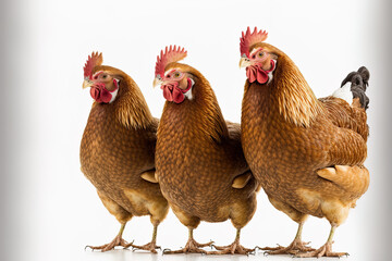Fototapeta premium Brown hens isolated on a white backdrop, idea for farmers raising laying hens. Generative AI