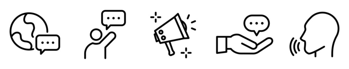 Conjunto de iconos de discurso. Concepto de comunicación. Diálogo, conversación, exposición, marketing, publicidad. Ilustración vectorial