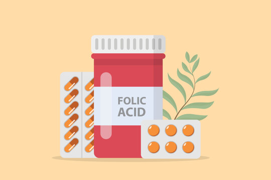 Folic Acid Supplement Vitamin For Pregnant Woman In The Bottle And Capsule With Modern Flat Style