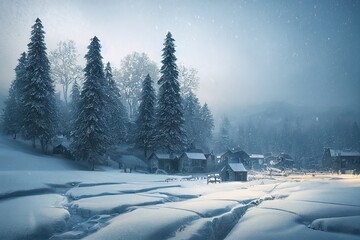 Winter landscape with snow covered trees with some House 