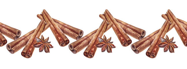 Seamless rim watercolor badian and cinnamon on white background. Hand-drawn condiment anise for dessert or drink, cookbook or kitchen decor. Brown christmas food. Arome border for wallpaper wrapping